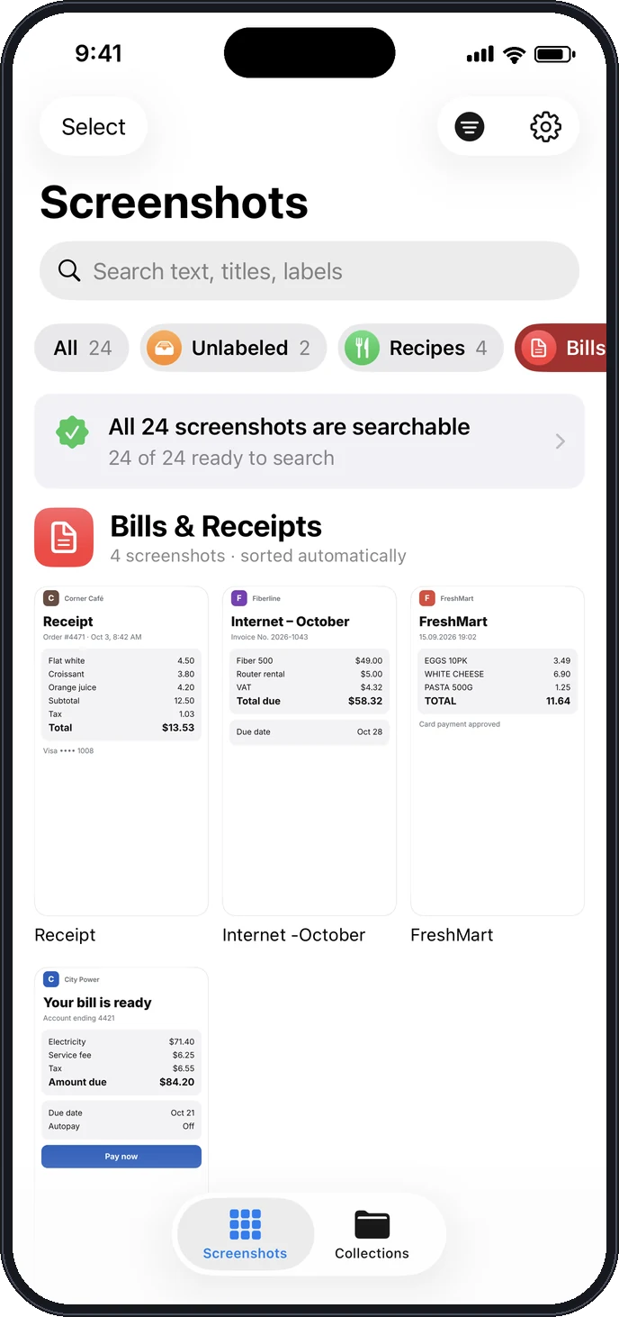 The Bills & Receipts label in Tagshot with four receipts
