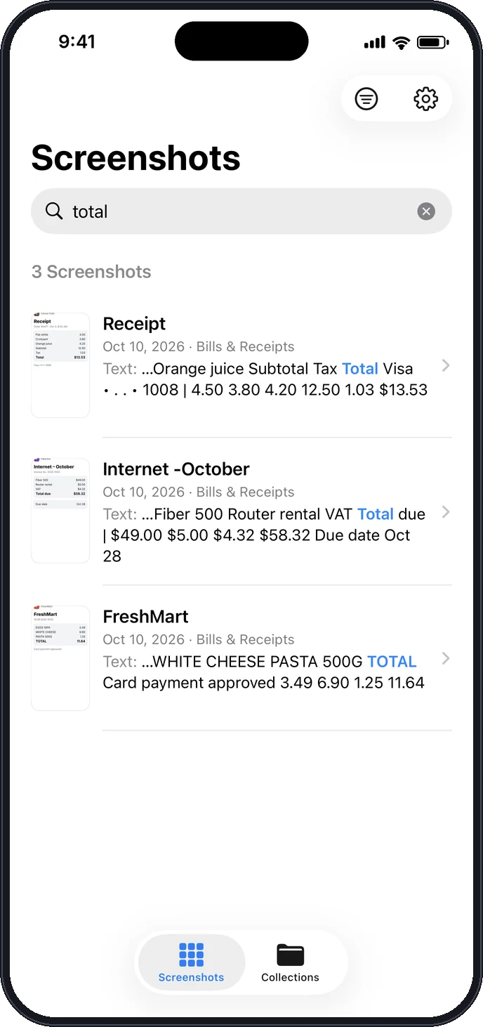 Tagshot search results for “total”, showing three receipts with the word highlighted