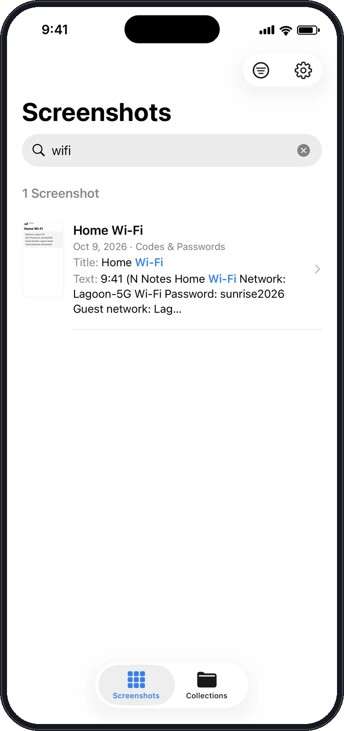Searching “wifi” in Tagshot finds a note with the home Wi-Fi password